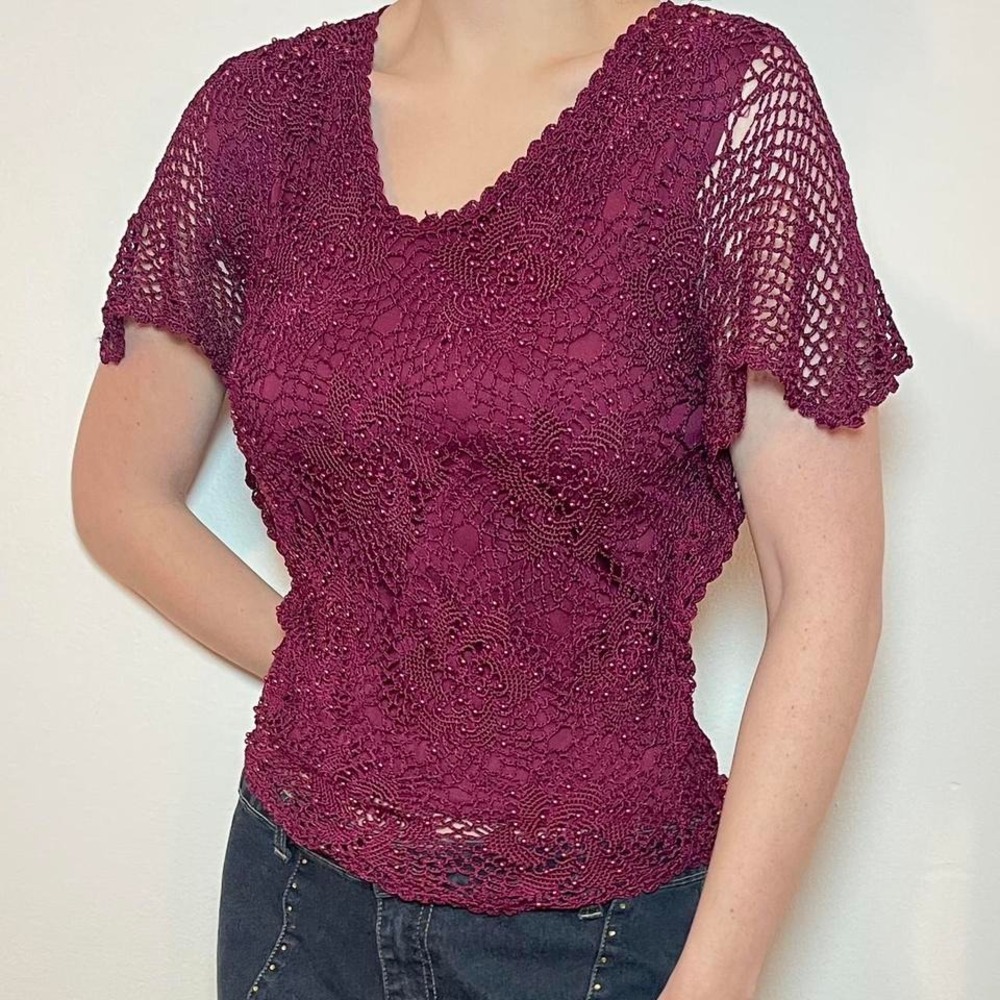 Kroschetta by Papillon Burgundy Crochet Top